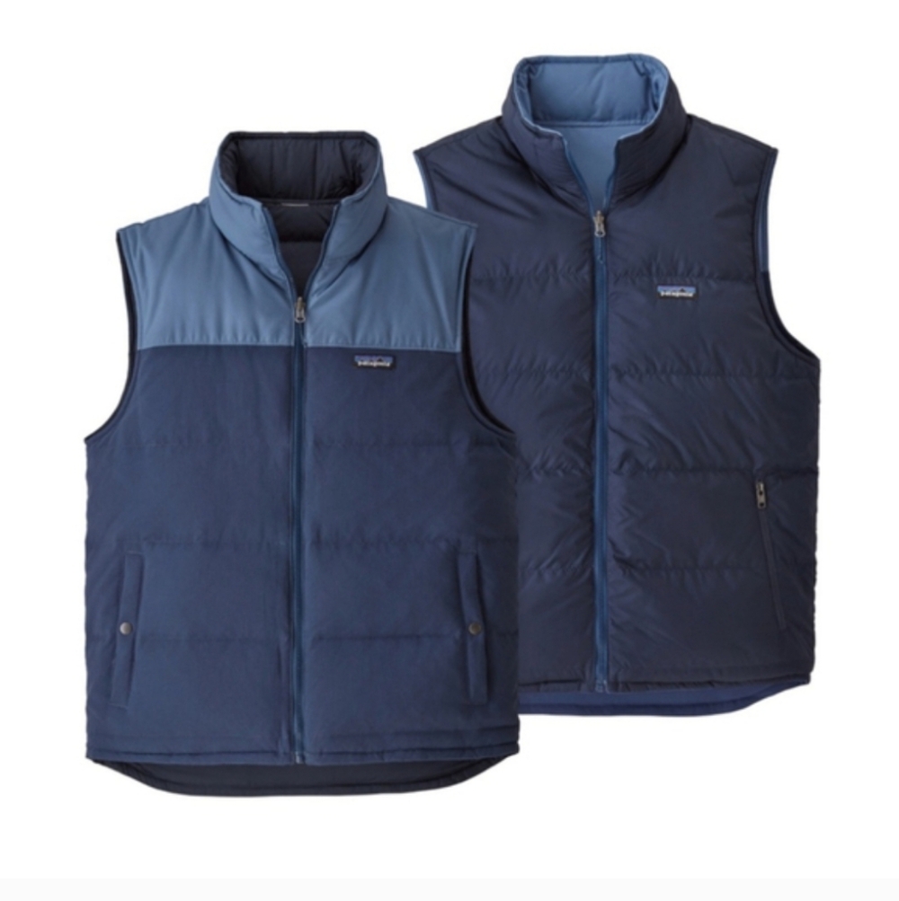 Patagonia Men's Reversible Bivy Down Vest in Stone Blue and Woolly Blue Size L